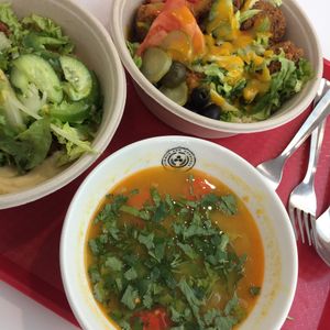 Lentio soup, hummus falafel and couscous falafel at Hummus and Couscous Bar - Aupark Mall in Bratislava