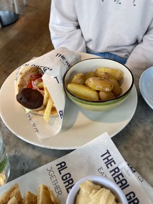 Vegan meatball wrap + new potatoes at The Real Greek in Windsor