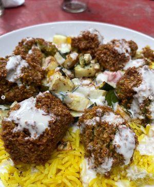Falafel and Roasted Veg on Pilaf at Foxtail Kitchen & Bar in Santa Barbara
