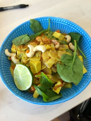 Tofu curry over rice  at Three Ladies Cafe in Davis
