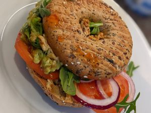 Smashed and bashed bagel at Seeds for the Soul in Edinburgh