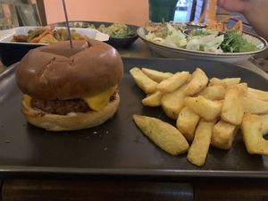 Beyond cheese burger served with chips   at Seeds for the Soul in Edinburgh