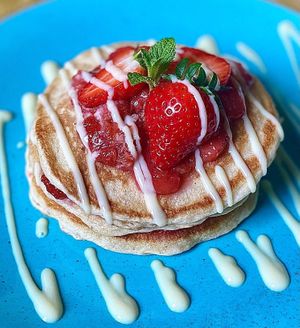 Strawberry Rhubarb and Custard pancakes  at Seeds for the Soul in Edinburgh