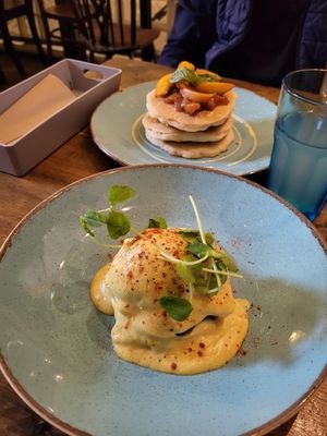 Vegan Benny and Pancakes with peach & nectarine compote at Seeds for the Soul in Edinburgh