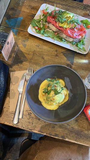 vegan eggs benedict + avocado toastt  at Seeds for the Soul in Edinburgh