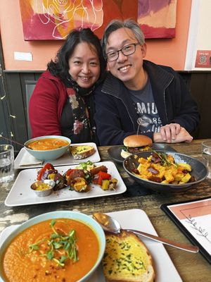 My friends took me here and we shared tofu skewers, Mac-n-cheese chips, one of the burgers, and red pepper soup.   at Seeds for the Soul in Edinburgh