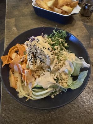 Satay bowl with a cheeky side order of excellent chips!  #Veganuary at Seeds for the Soul in Edinburgh
