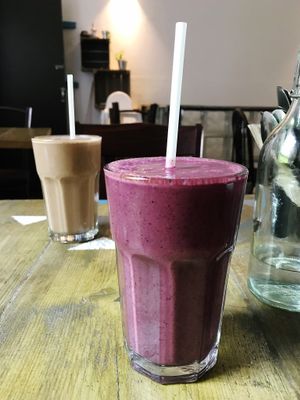 Krav Maca Smoothie : Blueberries, Banana, Maca, Cinnamon, Almond Extract & oat milk!  at Seeds for the Soul in Edinburgh