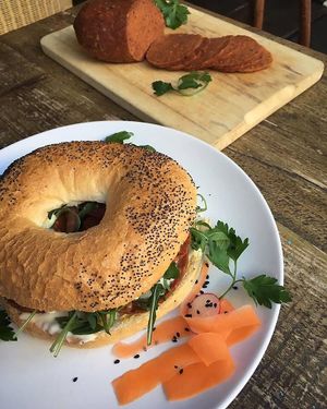 Reuben bagel with house made seitan pastrami  at Seeds for the Soul in Edinburgh