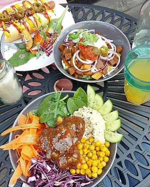 This our Middle Eastern Soul Bowl, Vegan Poutine and Hotdog  at Seeds for the Soul in Edinburgh