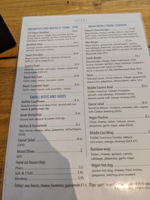 Menu at Seeds for the Soul in Edinburgh