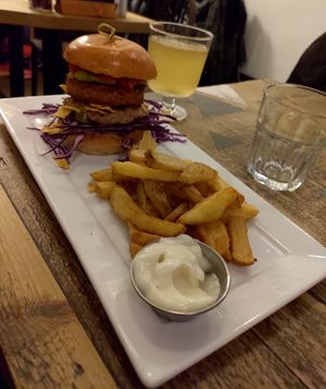 Mexican burger, chips, garlic mayo and kombucha at Seeds for the Soul in Edinburgh