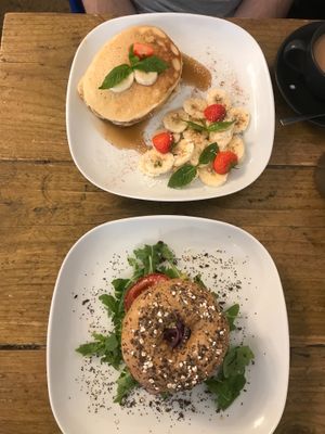 Breakfast pancakes and the mashed n bashed bagel  at Seeds for the Soul in Edinburgh