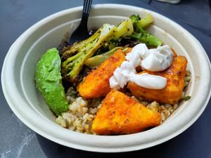 Bowls with crispy tofu, avocado, brocolis and vegan ranch sauce at DIG in Boston