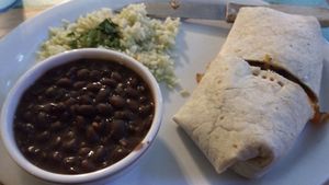 Veggie fajita burrito with black beans and cilantro lime rice at Riviera Mexican Restaurant in Crystal River