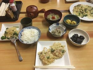 Eggplant (black thing to the right), soup, veggies, vegetable tempura, pasta at Tsujigahana in Matsuyama