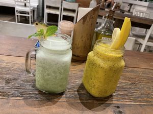 Mango and passion fruit. Coconut water, pineapple, and mint. at Casa Graviola - Leblon in Rio De Janeiro