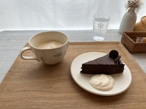 Vegan set. Tofu chocolate cake and soy milk.   at Horieza in Kobe