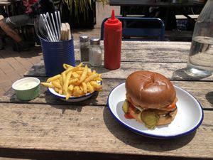 Vegan Hilary Duffalo with fries and vegan mayo  at Culture Burger Joint in Nelson