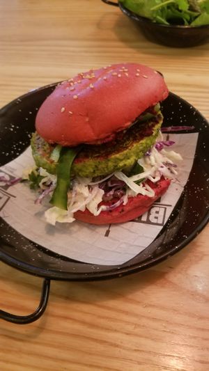Vegan version of the Billie Green burger ~ Weird colours but very tasty. at Culture Burger Joint in Nelson