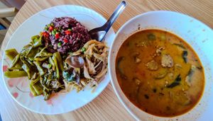 Spicy 🔥 red curry w/2 sides & red rice at T&I Tien Sin in Pattaya