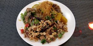 Red rice, mushroom & tofu larb, eggplant, red curry, & noodles with veg at T&I Tien Sin in Pattaya