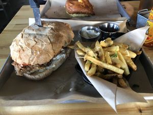Mushroom po’ boy with truffle fries 10/10 at Second Nature in San Diego