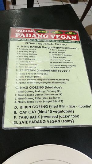menu at Padang Vegan in Padangsambian