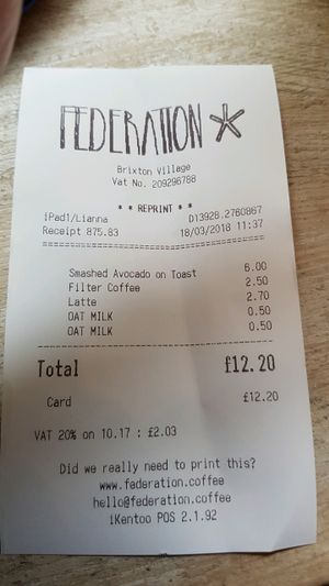 50p extra for vegans... at Federation Coffee in South West London