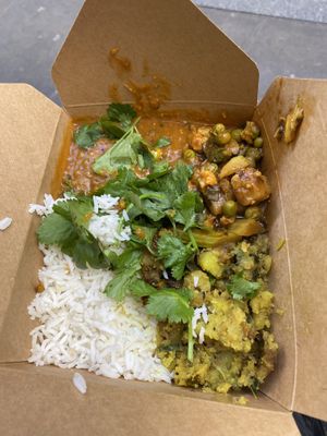 Box with 3 curries and a rice  at Gujarati Rasoi - Borough Market Food Stall in South East London