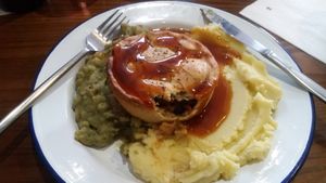 My pie 'I'm Ron Bourguignon' (mushroom, butterbean carrot in a gravy) vegan mash, gravy and chilli minted mushy peas  at Piecaramba in Southampton