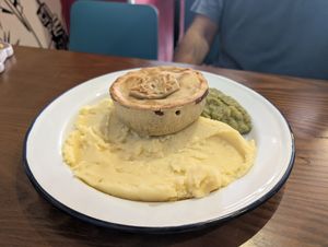 Not dog pie with mashed potato and minty peas at Piecaramba in Southampton