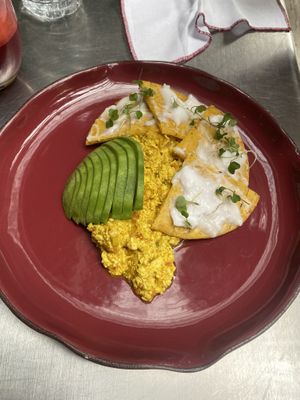 Tofu scramble with arepas   at Justo Restaurant in Medellin