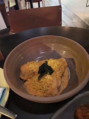 Pasta stuffed with eggplant, cheese, vegan meat and more.  Really special at Justo Restaurant in Medellin