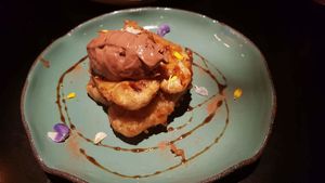 Banana tempura with cacao ice cream at Justo Restaurant in Medellin