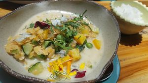 Red Lentil Curry soup at Justo Restaurant in Medellin