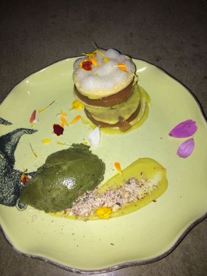 Pear dessert with basil ice cream at Justo Restaurant in Medellin