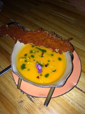 Tomato cream soup at Justo Restaurant in Medellin