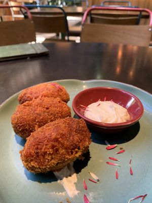 Fired vegan cheese at Justo Restaurant in Medellin