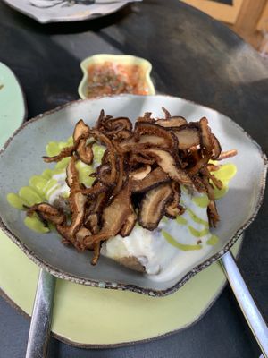 Amazing Loaded Potato with crispy mushrooms at Justo Restaurant in Medellin