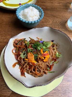Pad Thai (served with rice on the side)  at Justo Restaurant in Medellin