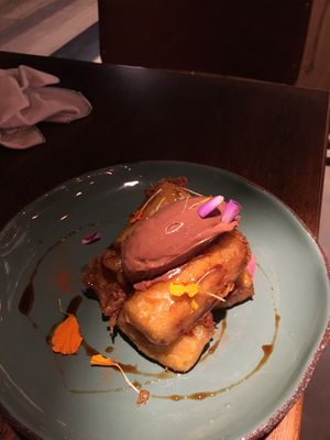 Dessert with banana and gelato at Justo Restaurant in Medellin