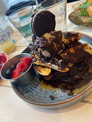 Chocolate banana pancakes with Oreo cream  at STHLM Brunch Club in Stockholm