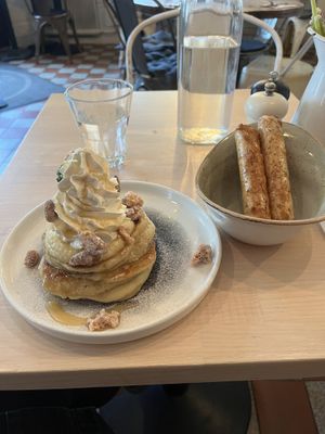 Seasonal special- semla pancakes, with vegan sausage    at STHLM Brunch Club in Stockholm