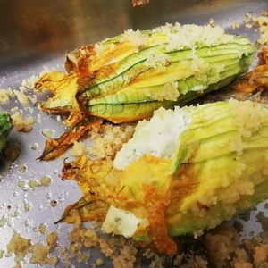 Courgette flowers stuffed with basil and mint at Naturangolo di Alessandro Mandelli in Osnago