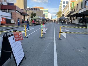 Looking into the Farm Gate Market from the bottom end, before the opening bell.  at Farm Gate Market in Hobart