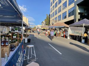Looking up-road, from halfway up the Farm Gate Markets.  at Farm Gate Market in Hobart