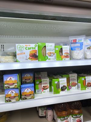 Tofu, deli slices, burgers at Proinsular Market in Puerto Ayora