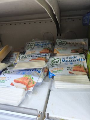 Vegan cheese slices at Proinsular Market in Puerto Ayora
