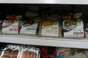 Different kinds of vegan meat at Proinsular Market in Puerto Ayora